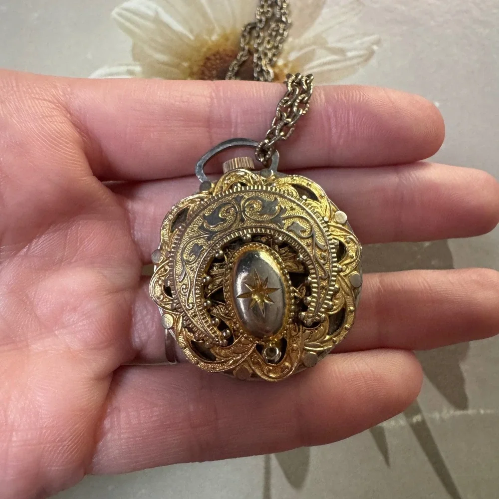Vintage Lucerne Swiss Made Antimagnetic Pendant Watch Gold Tone Filigree Chain